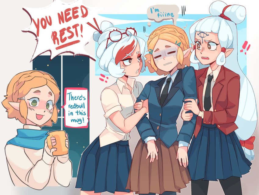 3girls, :d, black_neckwear, blue_jacket, blue_skirt, blush, braid, brown_eyes, brown_skirt, closed_eyes, contemporary, cowboy_shot, crown_braid, cup, english_text, eyewear_on_head, green_eyes, highres, holding_another's_arm, impa, jacket, min_dei_bae, mug, multiple_girls, multiple_views, necktie, nintendo, open_mouth, pleated_skirt, pointy_ears, princess_zelda, purah, red_jacket, school_uniform, shaded_face, siblings, sisters, skirt, smile, sweater, the_legend_of_zelda, the_legend_of_zelda:_breath_of_the_wild, the_legend_of_zelda:_tears_of_the_kingdom, turtleneck, turtleneck_sweater, white_hair