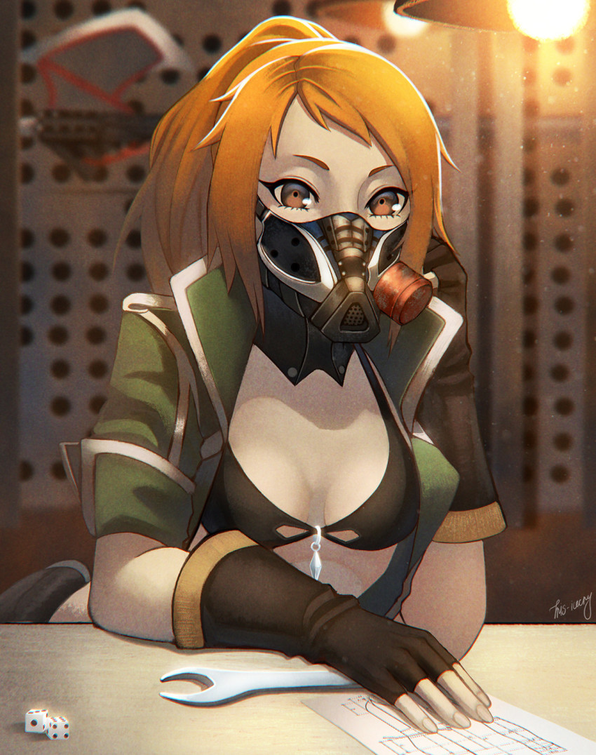 1girl, bikini, bikini_top_only, black_bikini, breasts, coat, code_vein, counter