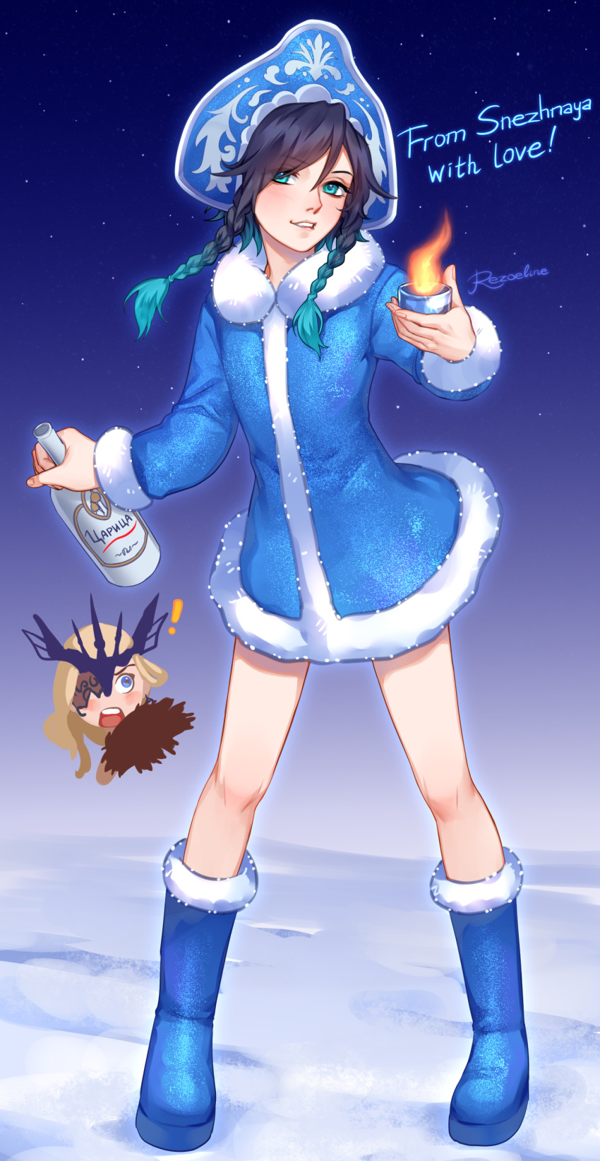 !, 1boy, 1girl, absurdres, black_hair, blonde_hair, blue_eyes, blue_footwear, blue_hair, blue_headwear, blush, boots, bottle, braid, coat, cup, english_text, fire, fur, fur-trimmed_boots, fur-trimmed_coat, fur-trimmed_jacket, fur-trimmed_sleeves, fur_collar, fur_trim, genshin_impact, gradient_hair, hat, highres, holding, holding_bottle, holding_cup, jacket, long_hair, long_sleeves, looking_at_viewer, male_focus, mask, multicolored_hair, night, one_eye_covered, open_mouth, rezoeline, signora_(genshin_impact), sky, smile, snow, star_(sky), starry_sky, thighs, trap, twin_braids, venti_(genshin_impact)