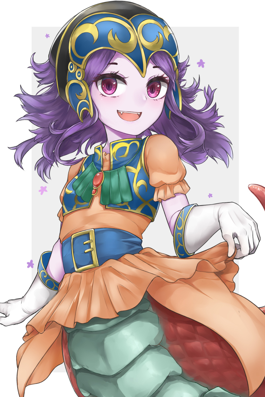 absurdres, belt, fangs, highres, lamia, monster_girl, purple_eyes, reptilianne_lamia, smile, yu-gi-oh!