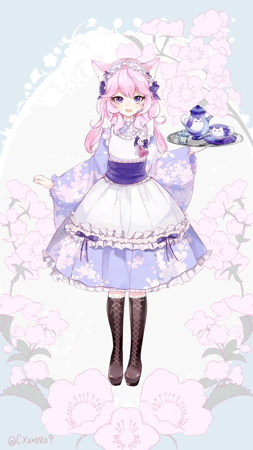 1girl, absurdres, alternate_costume, animal_ear_fluff, animal_ears, apron, boots, bow, brown_boots, cat_ears, cat_girl, cat_ornament, cherry_blossoms, collar, commentary, cup, eyepatch, fang, floral_background, floral_print, frilled_apron, frilled_collar, frilled_kimono, frilled_skirt, frilled_sleeves, frills, full_body, ghost_tail, hair_between_eyes, hair_bow, highres, holding, holding_tray, japanese_clothes, kimono, kimono_skirt, knee_boots, kyounuma, lace-up_boots, lolita_fashion, long_hair, looking_at_viewer, maid, maid_apron, maid_headdress, nyatasha_nyanners, obi, open_mouth, pink_hair, purple_bow, purple_eyes, purple_kimono, sash, saucer, sidelocks, skirt, smile, solo, standing, sugar_cube, tassel, tea_set, teacup, teapot, tray, twitter_username, very_long_hair, virtual_youtuber, vshojo, wa_lolita, wa_maid, white_apron