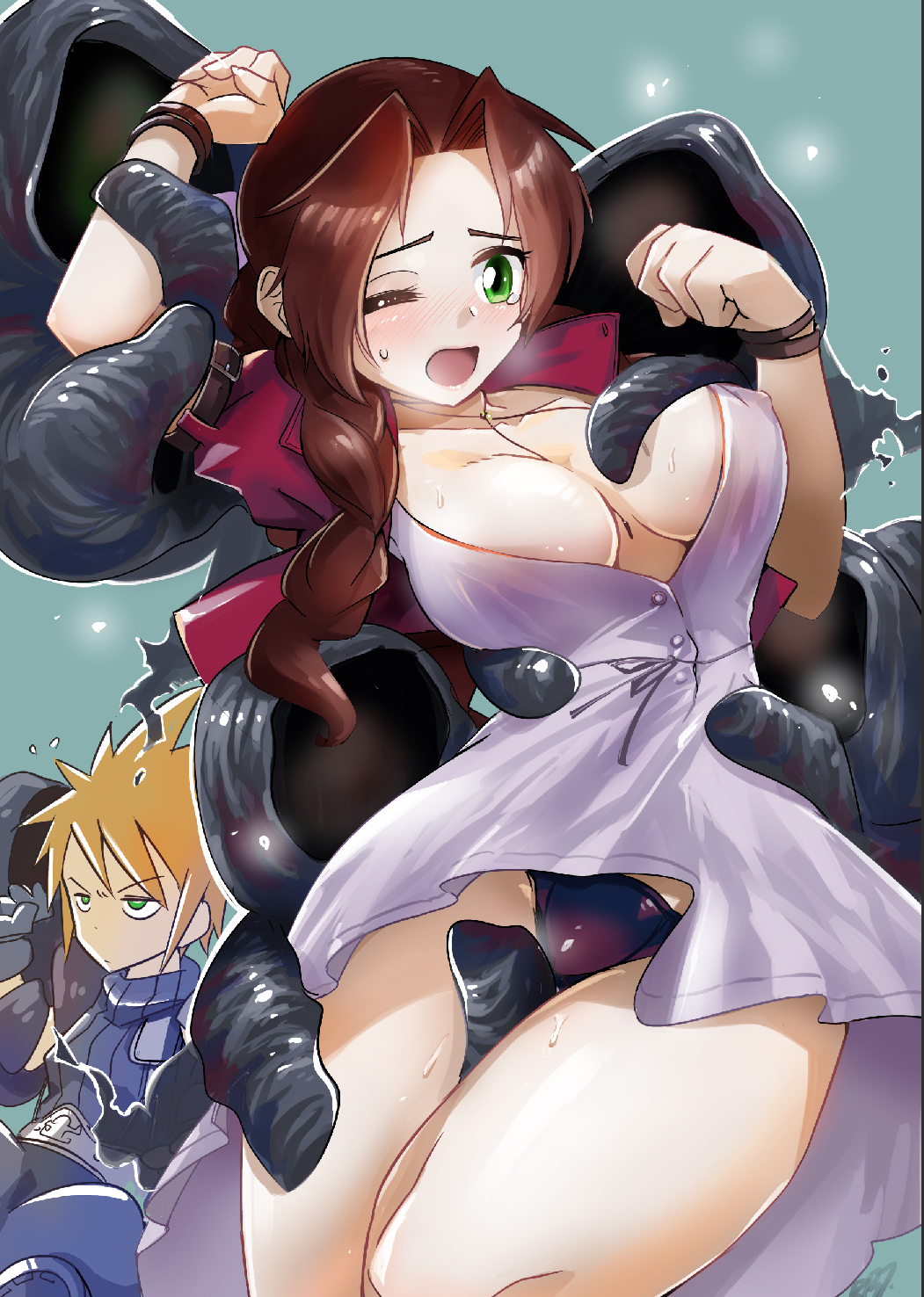 1boy, 1girl, aerith_gainsborough, annoyed, black_panties, blonde_hair, bolo_tie, breasts