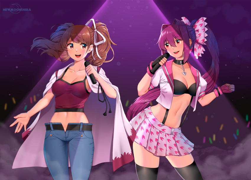 2girls, absurdres, audience, belt, black_bra, black_choker, bow, bra, breasts, brown_eyes, brown_hair, camisole, choker, cleavage, collarbone, commentary, commission, concert, cosplay, costume_switch, cropped_jacket, crossover, dancing, denim, english_commentary, glowstick, hair_ornament, hair_ribbon, haori, highres, holding, holding_microphone, huge_filesize, idol, jacket, japanese_clothes, jeans, kujikawa_rise, kujikawa_rise_(cosplay), medium_breasts, microphone, multiple_girls, music, newmoonshira, open_clothes, open_jacket, pants, persona, persona_4, persona_4:_dancing_all_night, persona_dancing, pink_skirt, pleated_skirt, ponytail, print_bow, print_skirt, purple_hair, red_eyes, ribbon, singing, skirt, stage, stage_lights, suspenders, twintails, under_night_in-birth, underwear, yuzuriha_(under_night_in-birth), yuzuriha_(under_night_in-birth)_(cosplay)