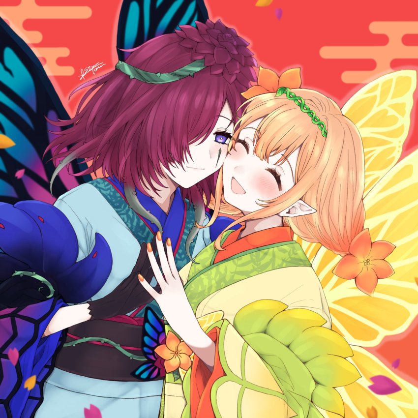 2girls, :d, black_gloves, blush, butterfly_wings, cheek-to-cheek, closed_eyes, facial_mark