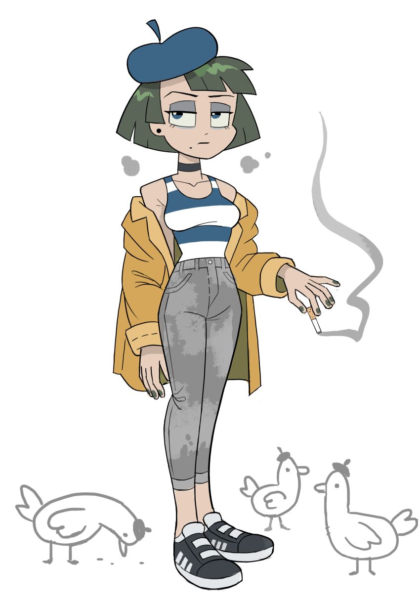 1girl, absurdres, beret, bird, black_choker, blue_eyes, blue_eyeshadow, blue_shirt