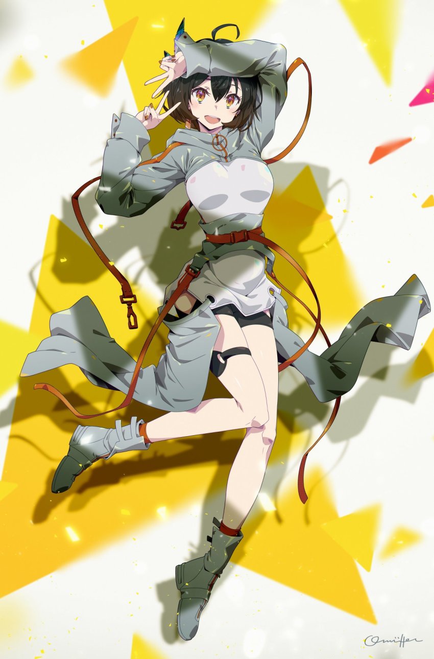 ahoge, boots, double_v, grey_boots, hair_between_eyes, highres, kasuka_(vesperbell), oomura_karasu