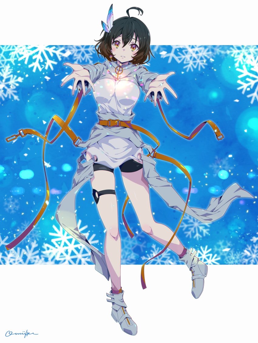 ahoge, blue_background, boots, feather_hair_ornament, grey_boots, hair_between_eyes, hair_ornament, highres