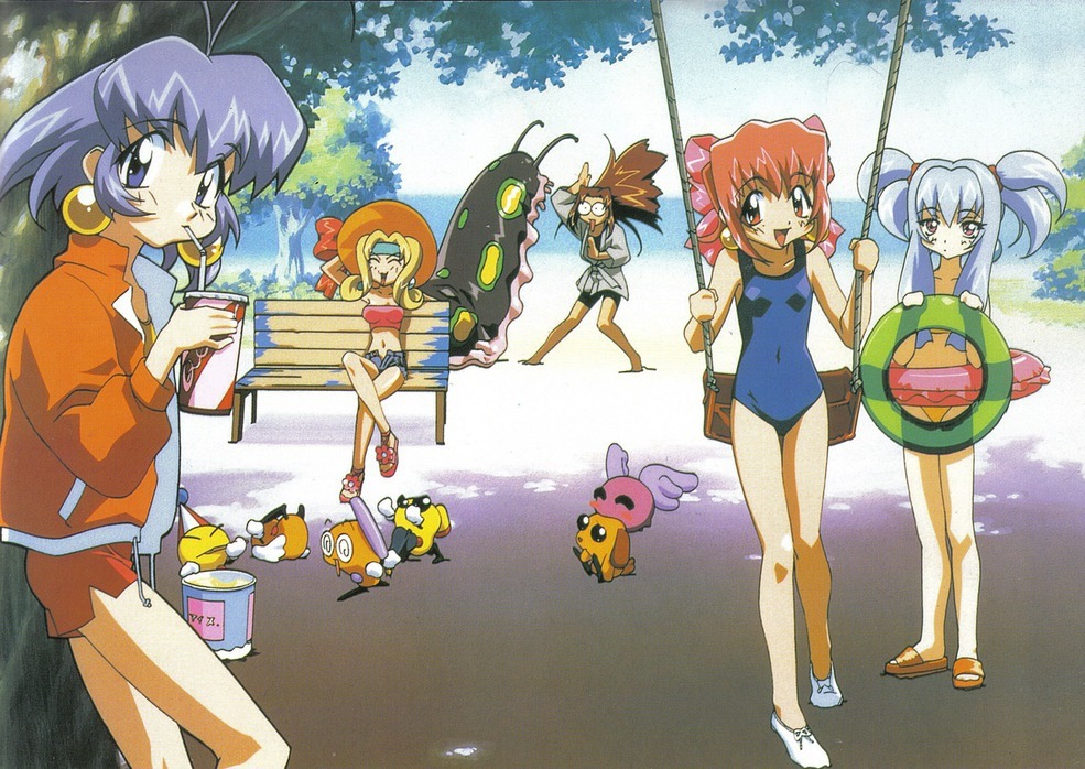 1990s_(style), 5girls, against_tree, akihabara_dennou_gumi, artist_request, bench, blonde_hair, blue_eyes, blue_hair, brown_hair, closed_eyes, day, earrings, hanakoganei_hibari, hat, higashijuujou_tsugumi, innertube, jewelry, long_hair, looking_at_viewer, multiple_girls, navel, official_art, on_swing, open_fly, open_mouth, otorii_tsubame, outdoors, red_eyes, red_hair, retro_artstyle, sakurajosui_suzume, sandals, scan, sengakuji_kamome, short_hair, short_shorts, shorts, silver_hair, sitting, standing, strapless, swim_ring, swing, tree, tube_top