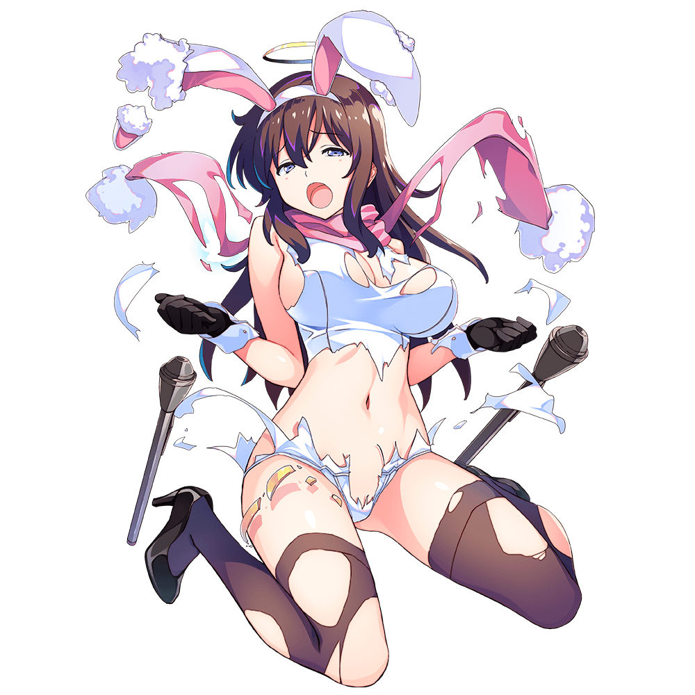 1girl, animal_ears, black_footwear, black_gloves, blue_eyes, breasts, brown_hair, brown_thighhighs, dennou_tenshi_djibril, fake_animal_ears, full_body, gloves, halo, high_heels, kuuchuu_yousai, large_breasts, long_hair, navel, official_art, old_school_swimsuit, one-piece_swimsuit, open_mouth, pink_neckwear, playboy_bunny_swimsuit, pumps, rabbit_ears, scarf, school_swimsuit, solo, swimsuit, thighhighs, torn_clothes, transparent_background, white_one-piece_swimsuit, wrist_cuffs