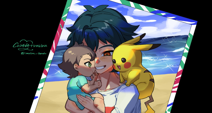 2boys, ash_ketchum, beach, black_hair, brown_eyes, brown_hair, carrying, child_carry, cloud, cloudy_sky, collarbone, day, framed, gen_1_pokemon, green_eyes, grin, highres, lei_(pokemon), looking_at_another, multiple_boys, nintendo, ocean, on_shoulder, open_mouth, outdoors, pikachu, pokemon, pokemon_(anime), pokemon_(creature), pokemon_journeys, pokemon_on_shoulder, shirt, sky, smile, sparkle, thumb_sucking, twitter_username, upper_body, white_shirt