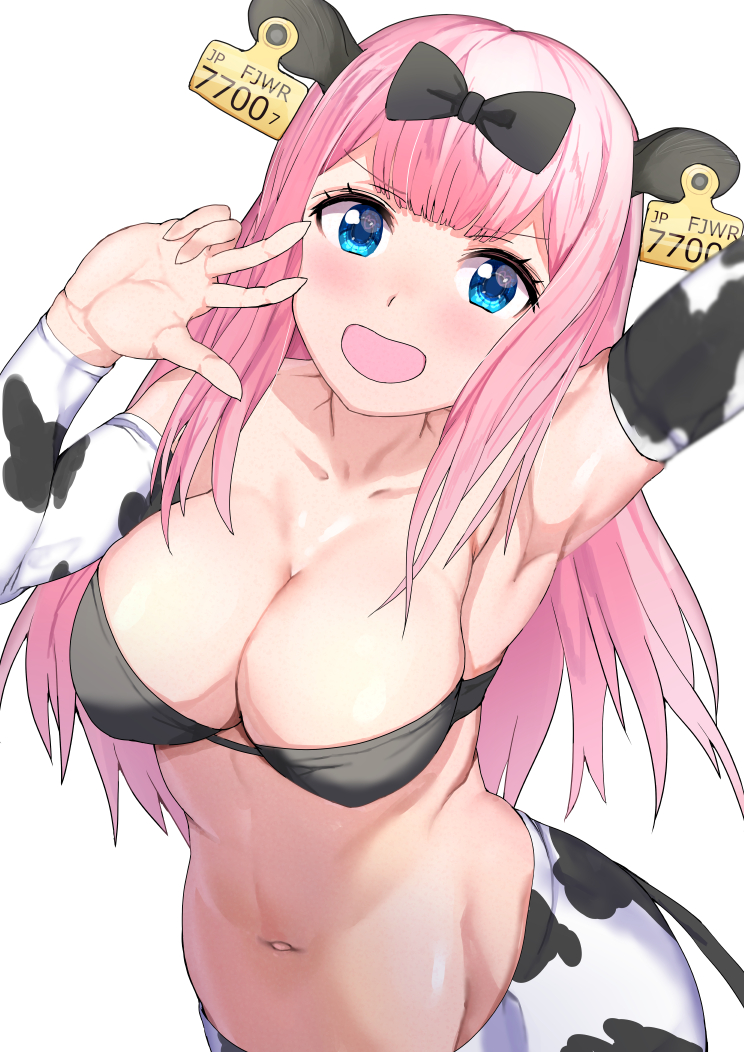 1girl, :d, animal_ears, animal_print, armpits, bare_shoulders, black_bow, blue_eyes