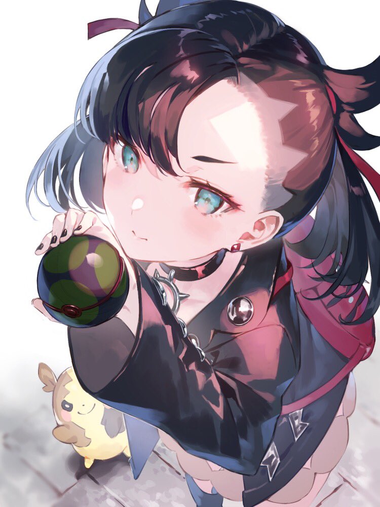 1girl, asymmetrical_bangs, backpack, bag, black_choker, black_hair, black_jacket, black_nails