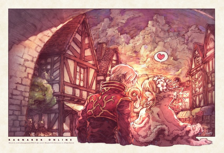 2girls, 3boys, absurdres, ahoge, arch, architecture, arms_behind_head, bent_over