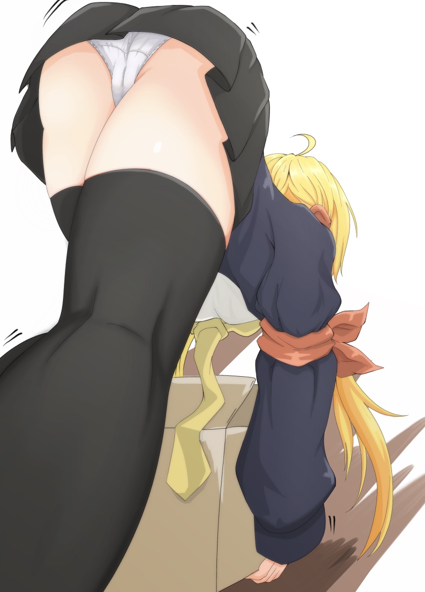 absurdres, ahoge, ass, black_skirt, black_thighhighs, blonde_hair, box, crotch_seam