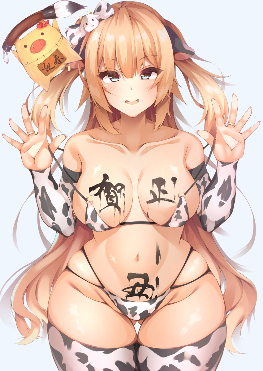 absurdres, akai_haato, animal_print, arm_warmers, bikini, blonde_hair, blue_eyes, body_writing