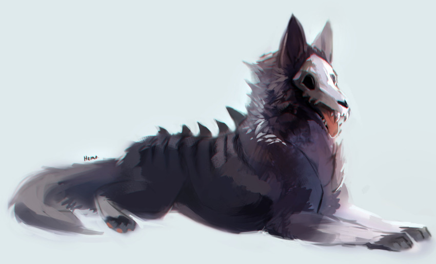 commentary, creature, english_commentary, fangs, full_body, lupe_(neopets), lying, mask, neopets, no_humans, on_stomach, signature, simple_background, solo, tongue, tongue_out, white_background, wolf, yhemo