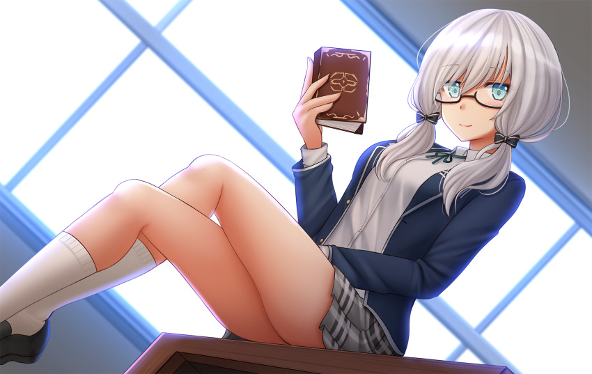 1girl, ars_almal, ars_almal_(4th_costume), ass, black-framed_eyewear, black_bow, black_shoes, blazer, blue_eyes, blue_jacket, blurry, blurry_background, book, bow, breasts, closed_mouth, day, depth_of_field, dutch_angle, elaina_(majo_no_tabitabi), feet_out_of_frame, fusion, glasses, grey_skirt, hair_between_eyes, hair_bow, hair_over_shoulder, highres, holding, holding_book, indoors, jacket, kazenokaze, loafers, long_hair, long_sleeves, looking_at_viewer, low_twintails, majo_no_tabitabi, nijisanji, open_clothes, open_jacket, plaid_clothes, plaid_skirt, pleated_skirt, school_uniform, semi-rimless_eyewear, shoes, sitting, skirt, small_breasts, smile, socks, solo, striped_bow, sunlight, twintails, under-rim_eyewear, virtual_youtuber, white_hair, white_socks, window