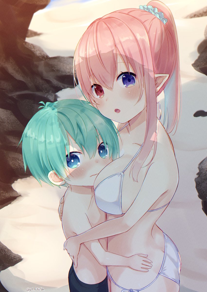 1boy, 1girl, age_difference, aqua_hair, beach, between_breasts, bikini, black_male_swimwear, black_swim_trunks, blue_eyes, blush, breasts, butt_crack, child, head_between_breasts, heterochromia, highres, hug, large_breasts, long_hair, male_swimwear, nei_(os), original, os_(os_fresa), outdoors, pink_hair, pointy_ears, ponytail, red_eyes, scrunchie, short_hair, side-tie_bikini_bottom, souta_(os), standing, swim_trunks, swimsuit, teenage_girl_and_younger_boy, topless_male, twitter_username, wavy_mouth, white_bikini