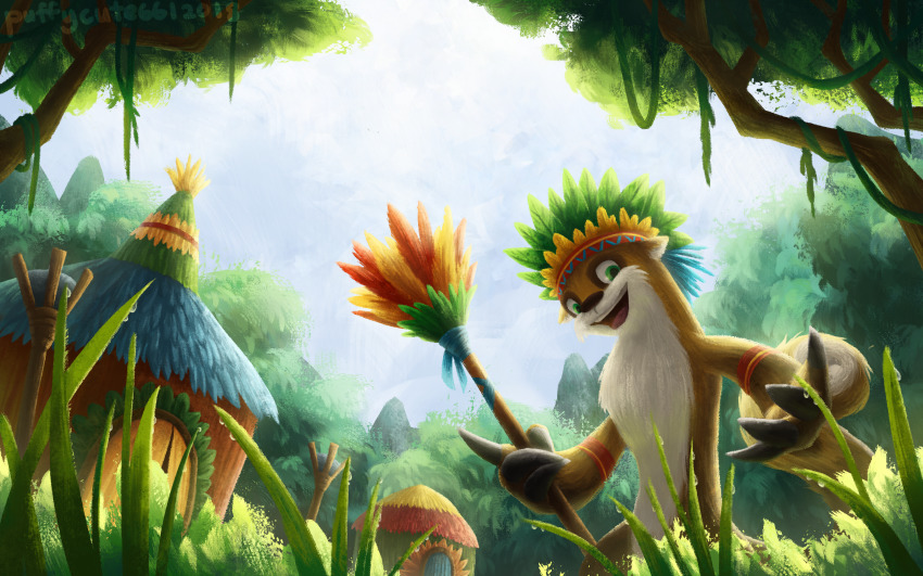 :d, commentary, day, english_commentary, grass, happy, highres, holding, lutari, neopets, open_mouth, outdoors, puffycute66, sky, smile, standing, tree, tribal, white_sky