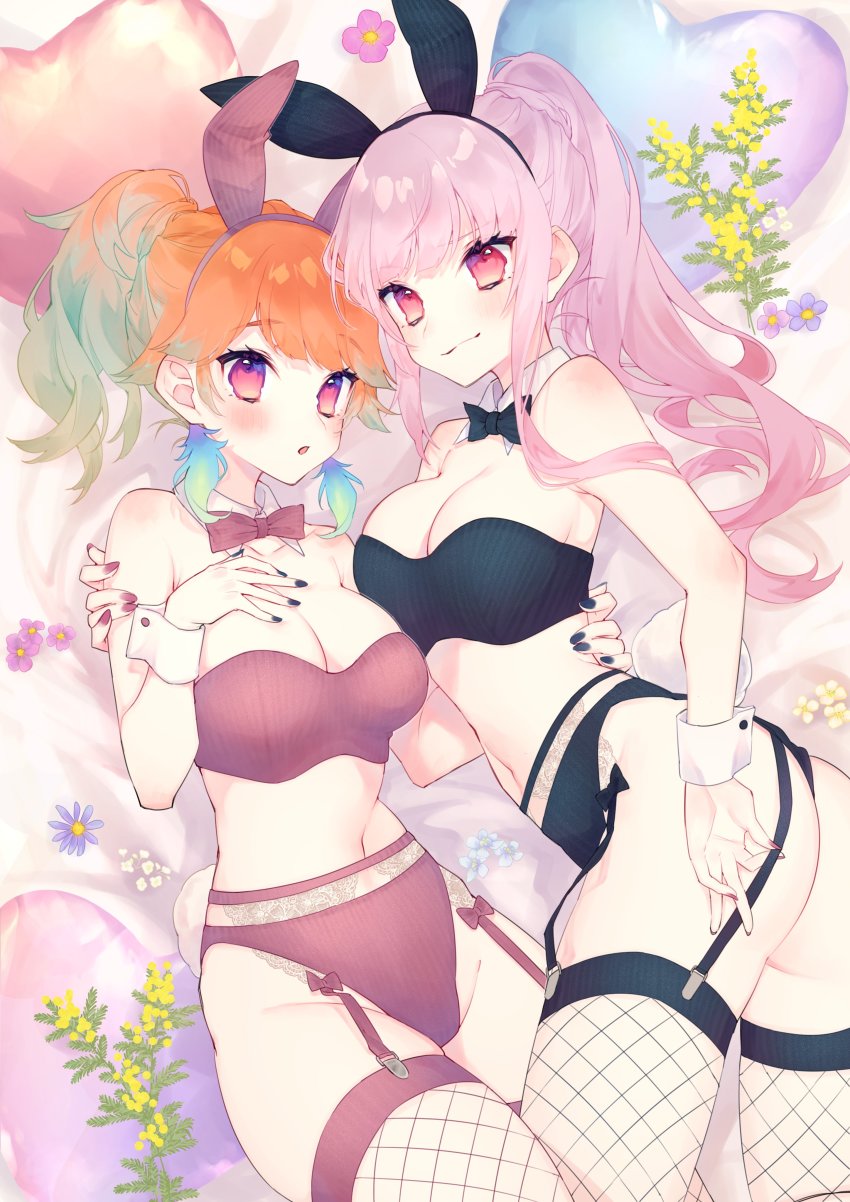 2girls, absurdres, animal_ears, bare_shoulders, blush, bow, breasts, chiyomaru_(yumichiyo0606), cleavage, detached_collar, fake_animal_ears, fishnet_legwear, fishnets, flower, garter_straps, gradient_hair, highres, hololive, hololive_english, large_breasts, long_hair, mori_calliope, multicolored_hair, multiple_girls, nontraditional_playboy_bunny, orange_hair, pink_hair, ponytail, rabbit_ears, rabbit_tail, smile, tail, takanashi_kiara, thighhighs, virtual_youtuber, wrist_cuffs