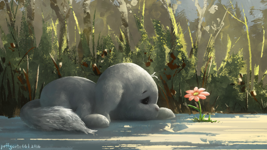 2016, absurdres, black_eyes, commentary, creature, english_commentary, flower, full_body, highres, huge_filesize, kacheek, lying, neopets, no_humans, on_stomach, plant, puffycute66, sad, shadow, signature, solo