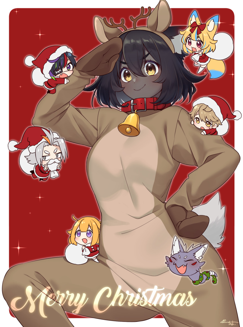 animal_costume, animal_ear_fluff, animal_ears, bell, neck_bell, black_hair, blonde_hair, border