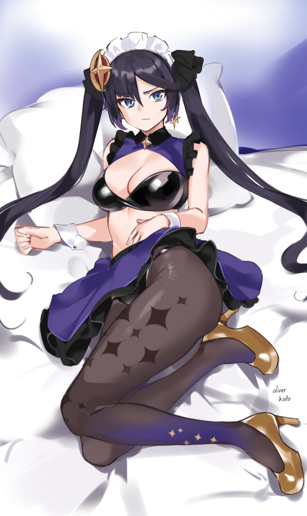 1girl, apron, bed_sheet, bikini, black_bikini, black_pantyhose, blue_eyes, breasts, cleavage, genshin_impact, high_heels, highres, legs, looking_at_viewer, lying, maid_apron, maid_headdress, medium_breasts, mona_(genshin_impact), oliver_koito, on_back, on_bed, pantyhose, pantyhose_under_swimsuit, pillow, purple_hair, solo, swimsuit, twintails