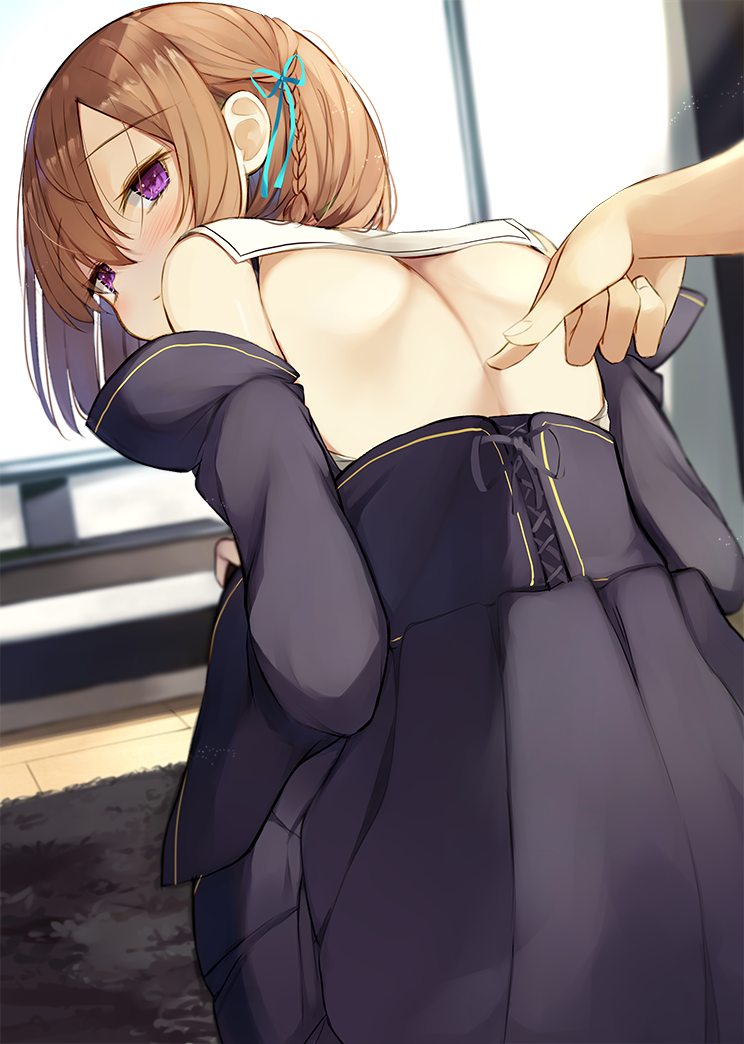 1girl, 1other, back_cutout, black_dress, blue_ribbon, braid, brown_hair, carpet