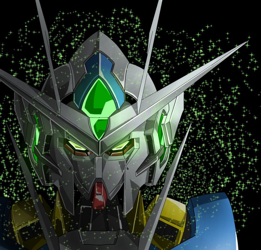 00_qan[t], black_background, glowing, glowing_eyes, green_eyes, gundam, gundam_00, gundam_00_a_wakening_of_the_trailblazer