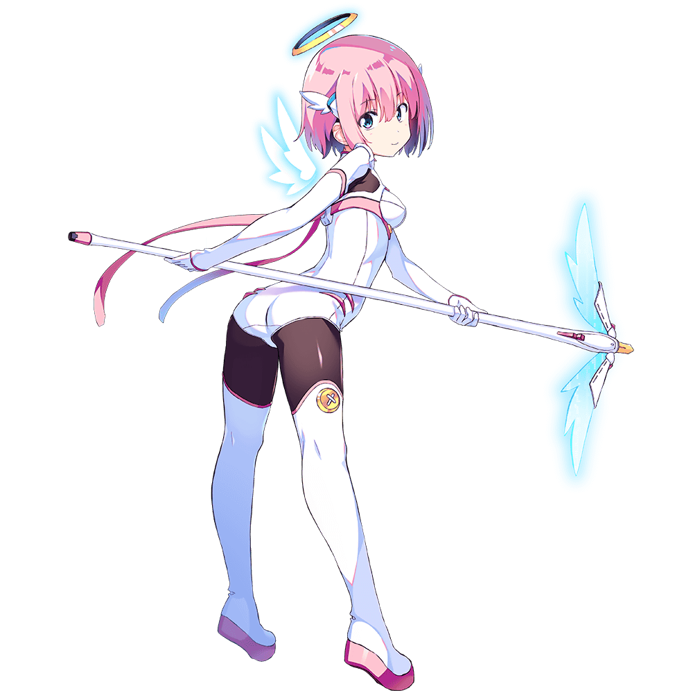 1girl, ass, blue_eyes, bodysuit, boots, dennou_tenshi_djibril, detached_wings, djibril_spica, full_body, green_eyes, halo, holding, holding_staff, kuuchuu_yousai, looking_at_viewer, mini_wings, official_art, pink_hair, saotome_momo, short_hair, smile, solo, staff, thigh_boots, thighhighs, transparent_background, white_wings, wings