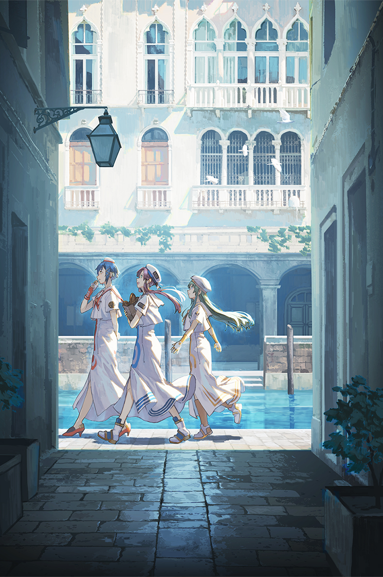 3girls, aika_granzchesta, alice_carroll, alley, amemura_(caramelo), animal, ankle_boots, arch, architecture, aria_(manga), aria_company_uniform, arm_behind_back, bag, balcony, beret, bird, blouse, blue_hair, boots, bow, bowtie, bread, building, canal, city, day, door, dove, dress, eating, fingerless_gloves, floating_hair, food, from_side, gloves, green_hair, grocery_bag, hand_up, hat, high_heels, himeya_company_uniform, holding, holding_bag, holding_food, house, knee_boots, long_dress, long_hair, mini_hat, mizunashi_akari, multiple_girls, open_mouth, orange_planet_uniform, outdoors, plant, potted_plant, red_footwear, red_gloves, red_neckwear, reflection, sailor_collar, sett, shade, shadow, shirt, shoes, shopping_bag, short_sleeves, side_slit, sidelocks, slice_of_life, standing, walking, water, white_dress, white_footwear, white_headwear, white_sailor_collar, white_shirt, window, yellow_gloves, yellow_neckwear