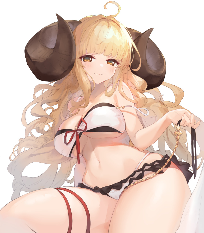 1girl, absurdres, ahoge, anila_(granblue_fantasy), anila_(summer)_(granblue_fantasy), bikini, blonde_hair, blunt_bangs