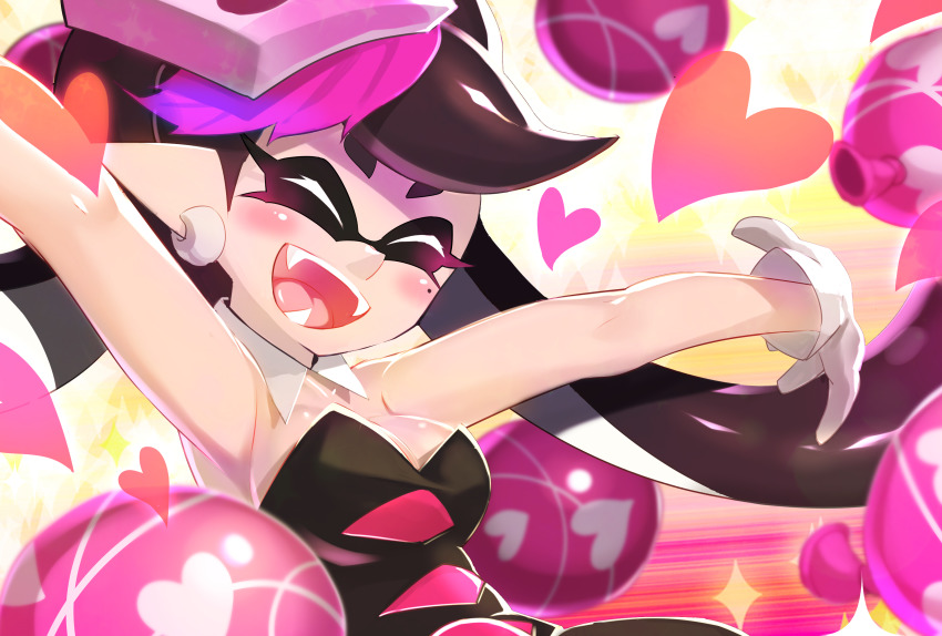 1girl, :d, absurdres, black_jumpsuit, blurry, blurry_foreground, bomb_rush_(splatoon), breasts, burst_bomb_(splatoon), callie_(splatoon), callie_(squid_sisters_outfit)_(splatoon), cleavage, closed_eyes, collar, commentary_request, depth_of_field, detached_collar, earrings, fangs, food, food_on_head, gloves, gradient_hair, heart, highres, inkling, jewelry, jumpsuit, long_hair, medium_hair, mole, mole_under_eye, multicolored_hair, nintendo, nomu_(29_nom), object_on_head, open_mouth, outstretched_arms, pointy_ears, purple_hair, smile, solo, sparkle, splatoon_(series), splatoon_1, spread_arms, strapless, sushi, swept_bangs, tentacle_hair, upper_body, very_long_hair, white_collar, white_gloves, wing_collar