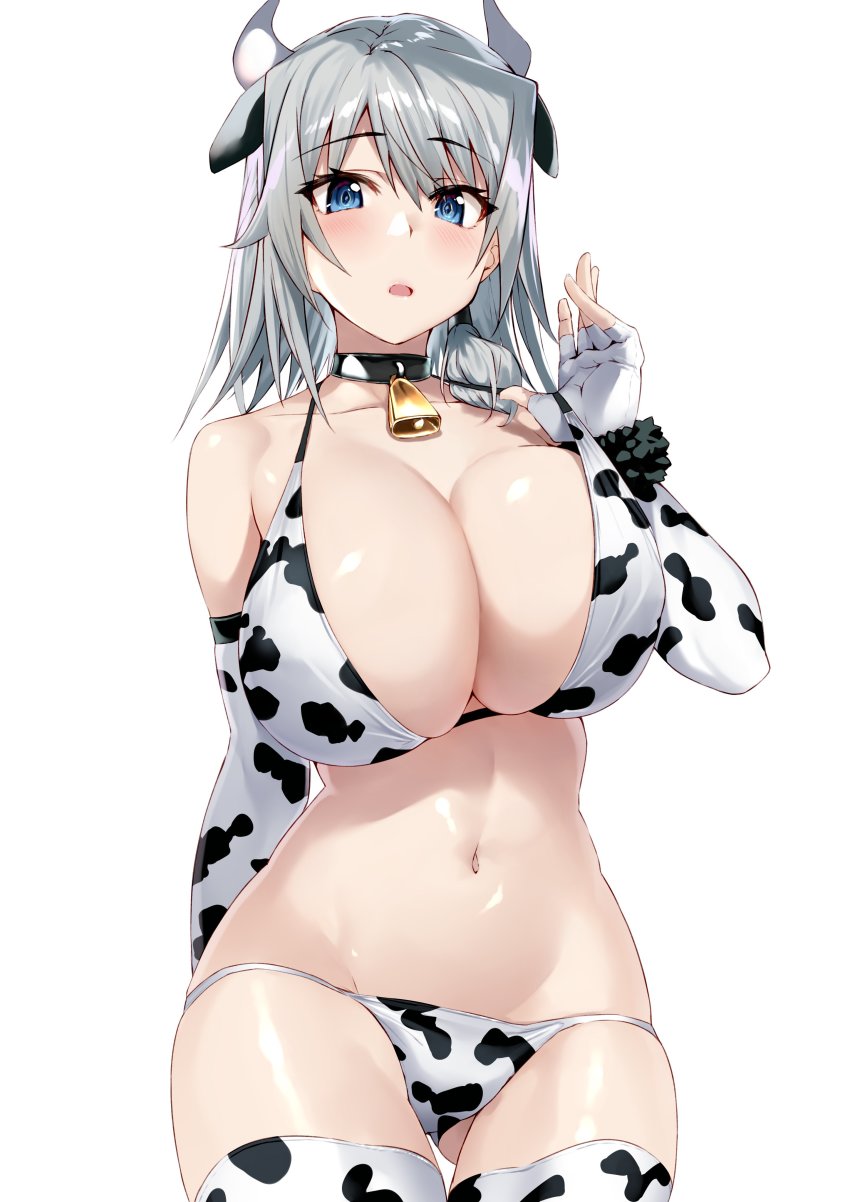 1girl, absurdres, animal_ears, animal_print, bare_shoulders, bell, bikini, blue_eyes