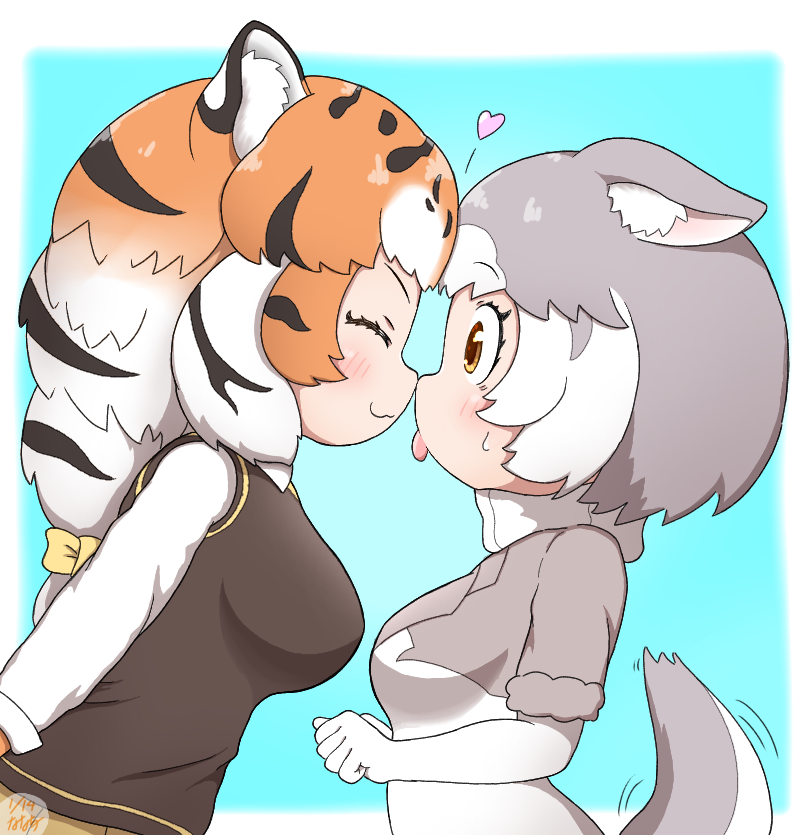 2girls, animal_ears, animal_print, cat_ears, dog_(mixed_breed)_(kemono_friends), dog_ears, dog_tail, closed_eyes