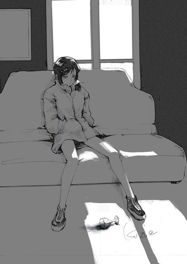 1girl, female_focus, greyscale, hands_in_pockets, indoors, jacket, light, monochrome