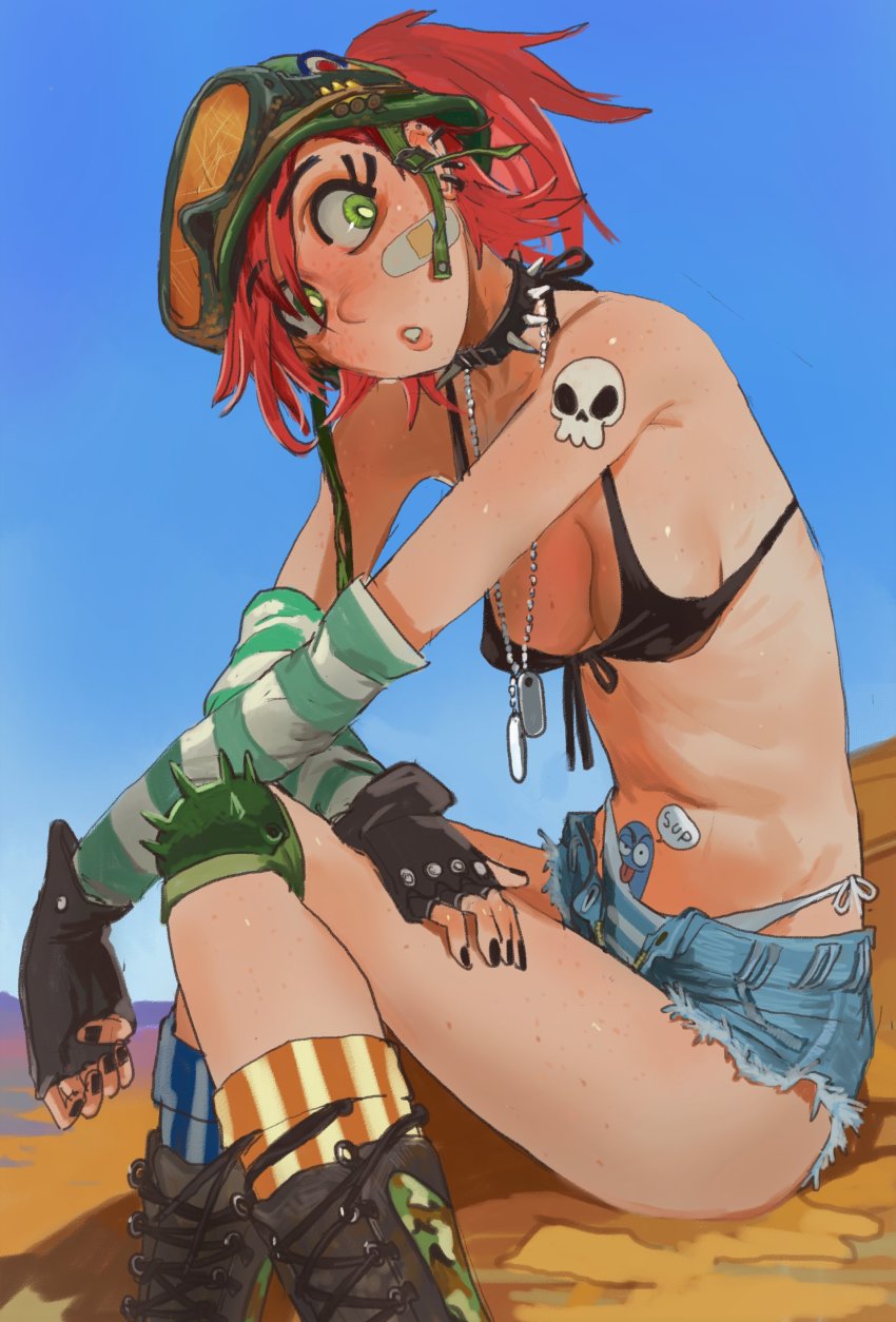 1girl, absurdres, asymmetrical_legwear, bandaid, bandaid_on_cheek, bandaid_on_face, bare_shoulders, bikini