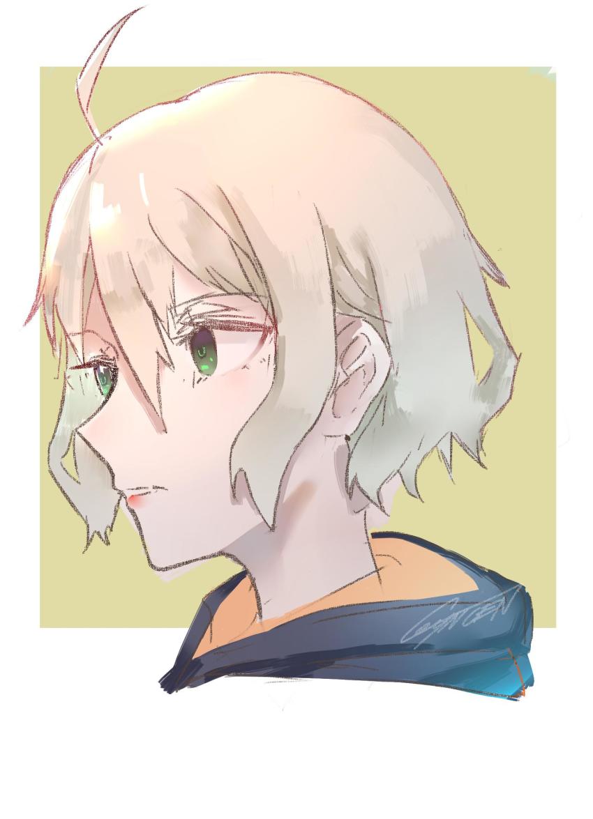 1girl, antenna_hair, blonde_hair, green_eyes, highres, hood, hoodie, kyncen