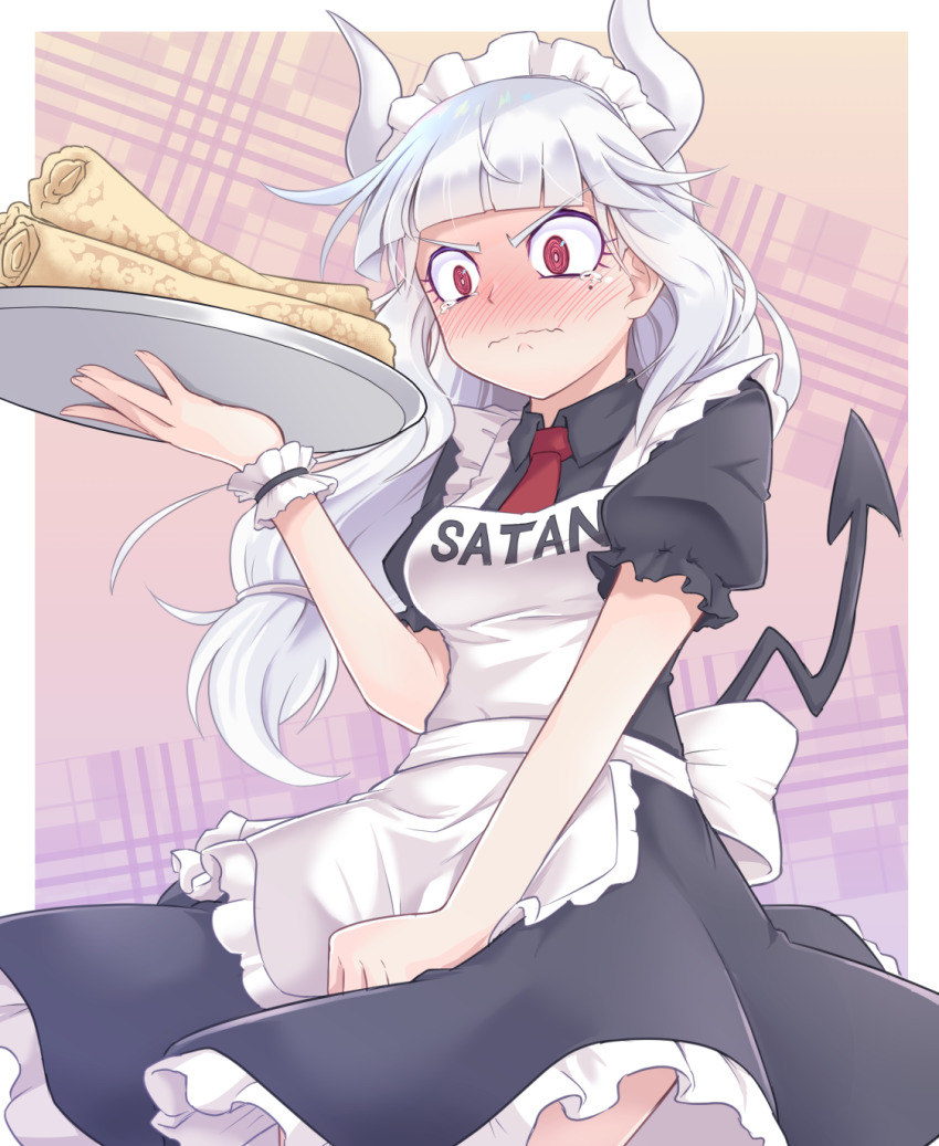 1girl, alternate_costume, apron, apron_tug, black_dress, blunt_bangs, blush, border, breasts, character_name, closed_mouth, collared_dress, commentary_request, cowboy_shot, demon_girl, demon_horns, demon_tail, dress, enmaided, food, frilled_dress, frills, helltaker, highres, holding, holding_tray, horns, long_hair, lucifer_(helltaker), maid, maid_apron, maid_headdress, medium_breasts, mole, mole_under_eye, necktie, pancake, puffy_short_sleeves, puffy_sleeves, red_eyes, red_necktie, saisyuusensi, short_sleeves, solo, tail, tearing_up, tray, wavy_mouth, white_apron, white_border, white_hair, white_horns, wrist_cuffs