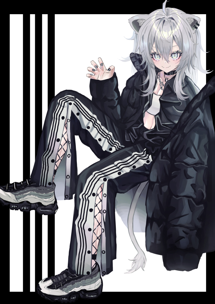 1girl, absurdres, ahoge, air_max_95, animal_ears, black_background, black_collar, black_jacket