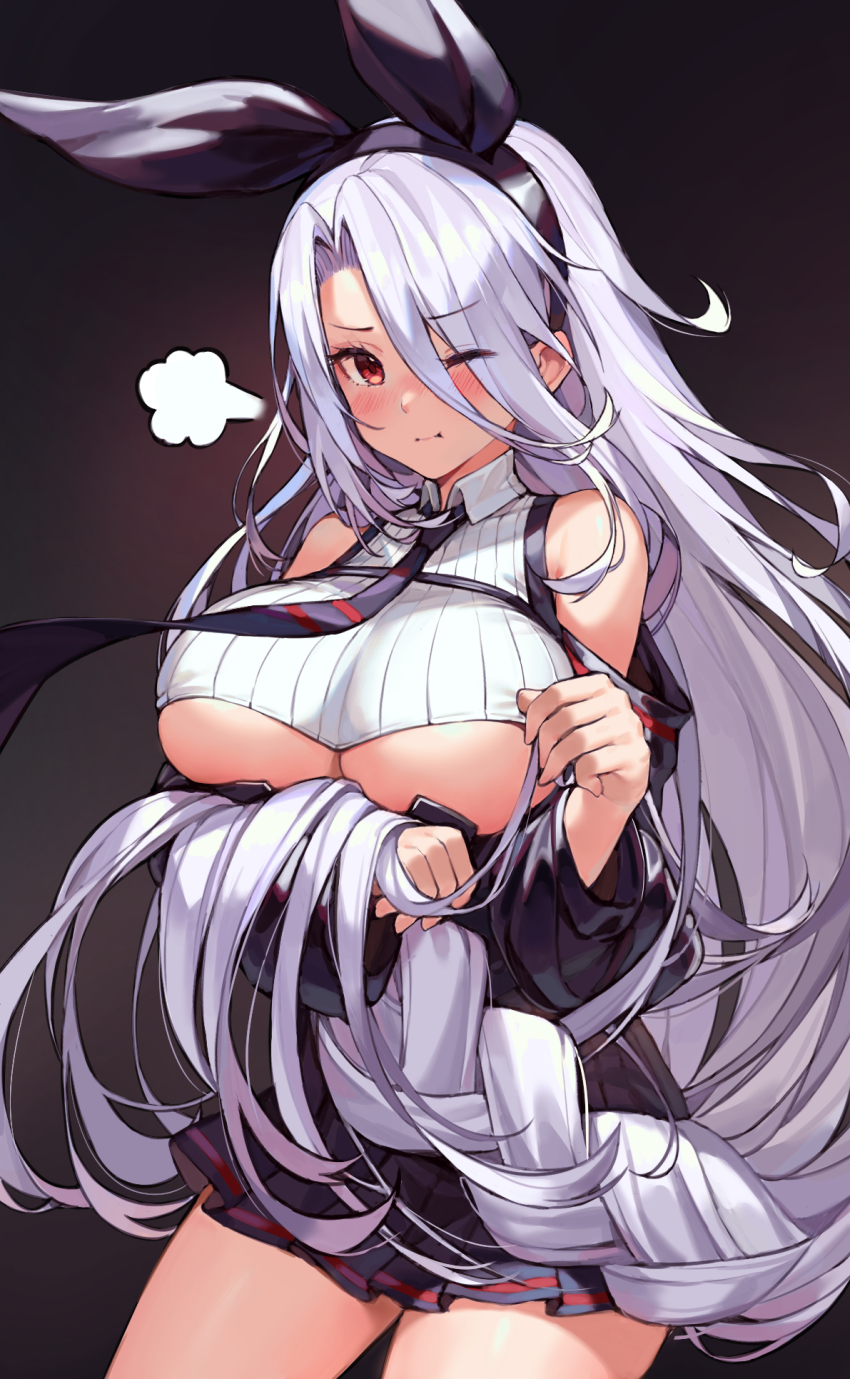1girl, puff_of_air, azur_lane, bare_shoulders, black_skirt, braid, breasts, closed_mouth