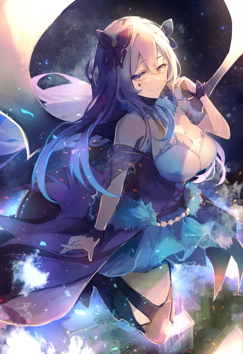 1girl, bat_wings, black_bow, blue_dress, bow, breasts, cleavage, commission