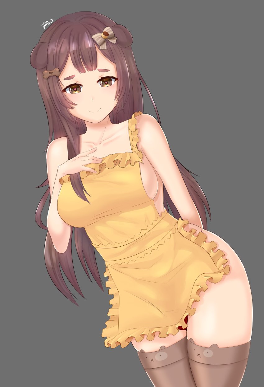 1girl, absurdres, animal_ears, apron, arm_behind_back, bone_hair_ornament, bow, breasts, brown_bow, collarbone, commentary, dog_ears, dog_girl, english_commentary, grey_background, hair_bow, hair_ornament, hand_on_own_chest, highres, inukai_purin, leaning_forward, looking_at_viewer, medium_breasts, naked_apron, pandas_(atpandas), panties, red_panties, smile, solo, thighhighs, tsunderia, underwear, virtual_youtuber, yellow_apron