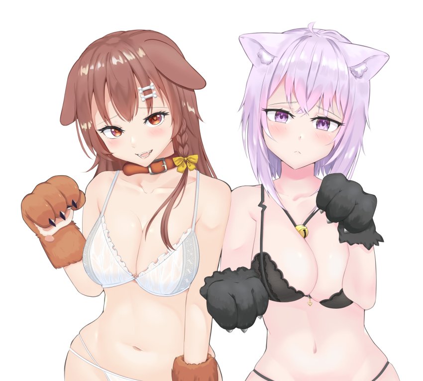 2girls, absurdres, animal_ear_fluff, animal_ears, animal_hands, bell, black_bra, black_panties, blush, bone_hair_ornament, bow, bra, braid, breasts, cat_ears, cat_girl, cleavage, collar, collarbone, commentary, dog_ears, dog_girl, embarrassed, english_commentary, fangs, gloves, hair_bow, hair_ornament, hairclip, highres, hololive, inugami_korone, medium_breasts, multiple_girls, navel, nekomata_okayu, open_mouth, pandas_(atpandas), panties, paw_gloves, paw_pose, underwear, underwear_only, virtual_youtuber, white_background, white_bra, white_panties, yellow_bow
