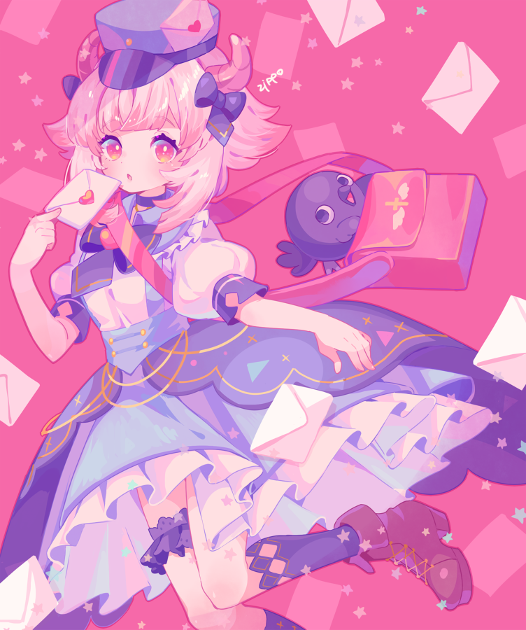 1girl, :o, bag, beak, bird, black_eyes, black_neckwear, boots