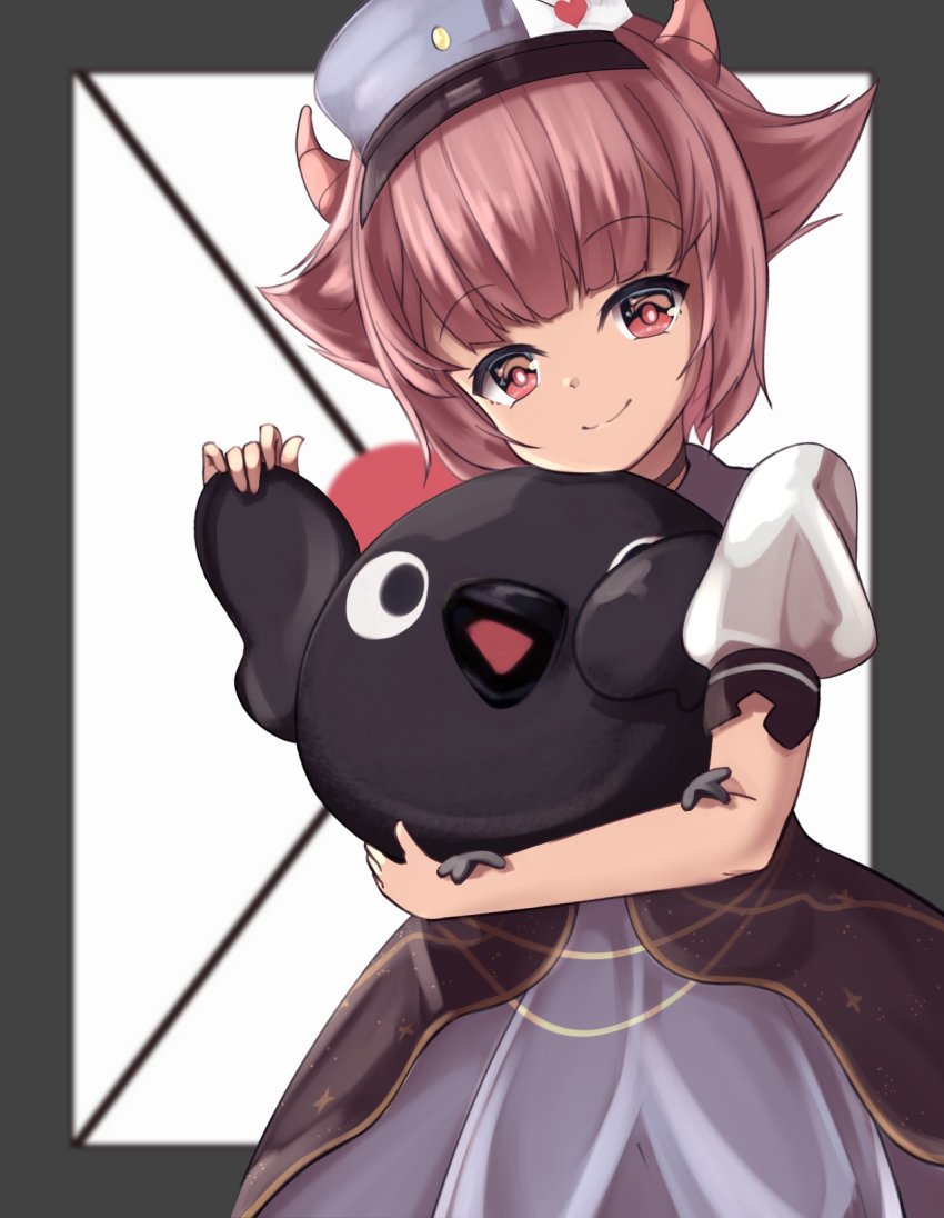 1girl, animal, black_eyes, blunt_bangs, bobicess, commentary, english_commentary, hair_horns