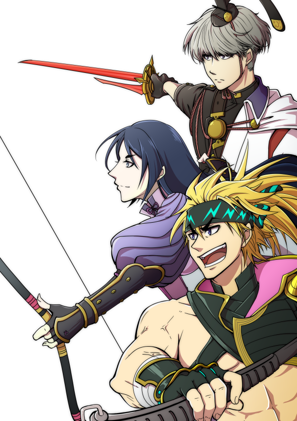 1girl, 2boys, abs, asymmetrical_sleeves, bare_pectorals, black_hair, black_headwear, blonde_hair