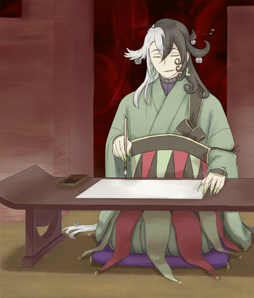 1boy, architecture, ashiya_douman_(fate), asymmetrical_hair, bell, black_eyes, black_hair, calligraphy_brush