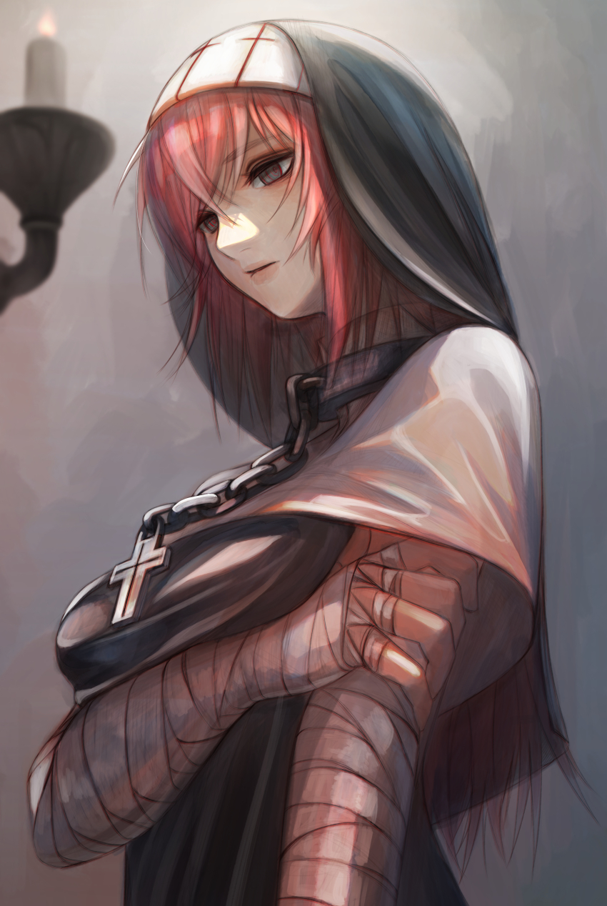 1girl, @_@, absurdres, bandaged_arm, bandages, candle, chain, commission