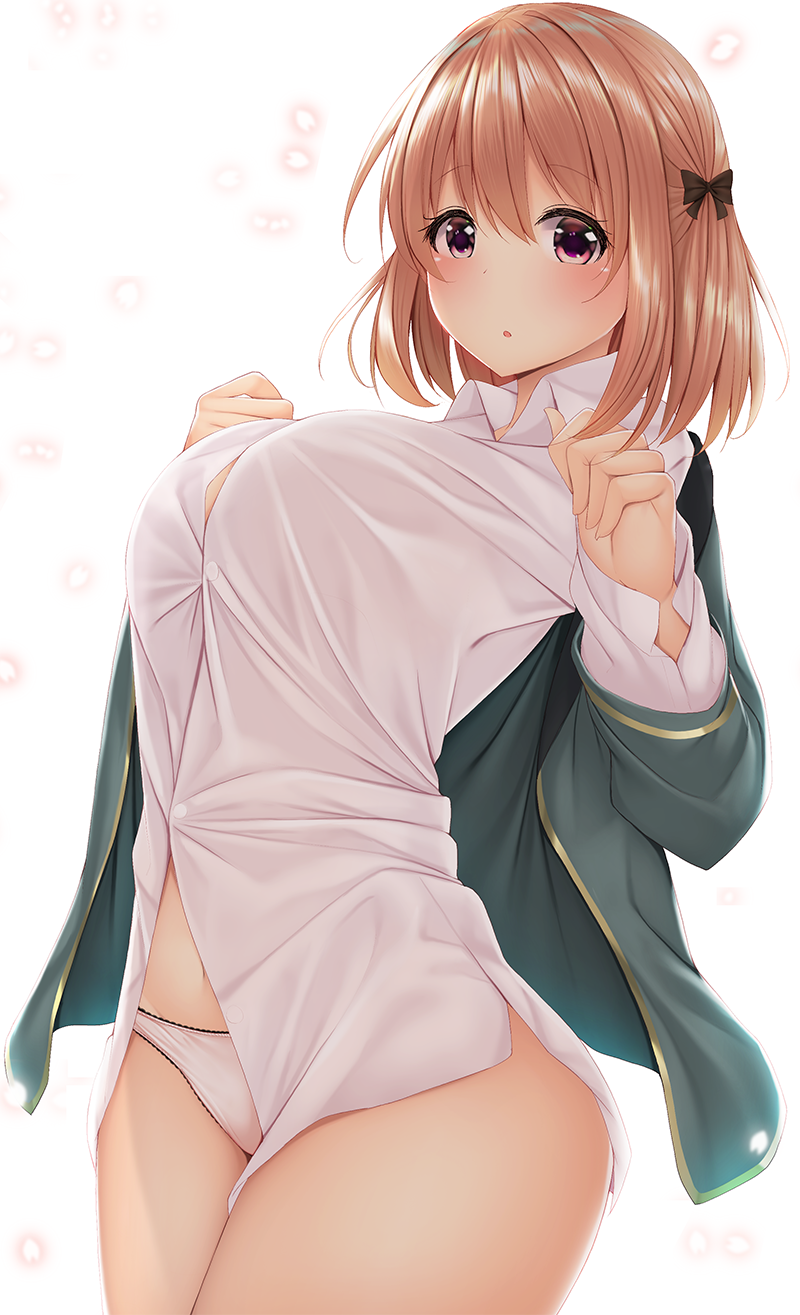 1girl, :o, black_bow, blush, bow, breasts, brown_hair, commentary_request